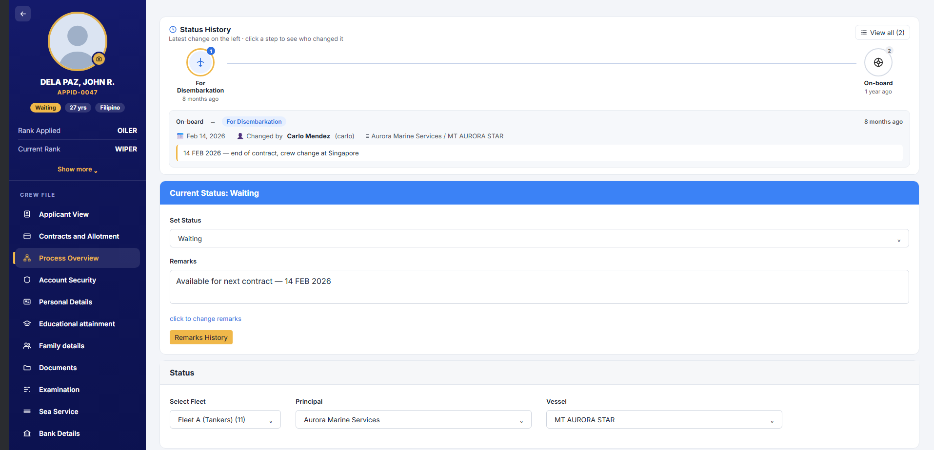 Recruitment & Crewing Management System — Crew Profile & Status History