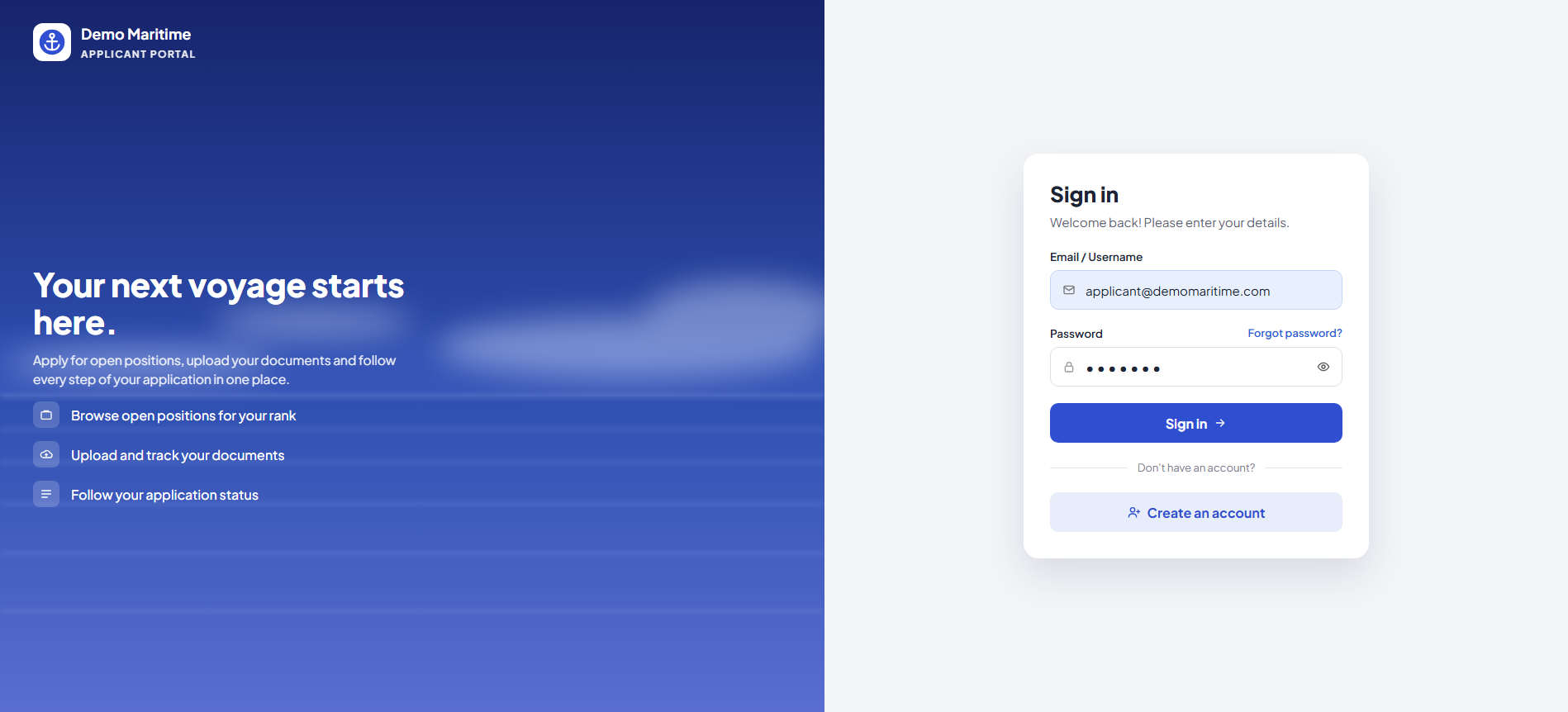 Recruitment & Crewing Management System — Applicant Portal Sign-in
