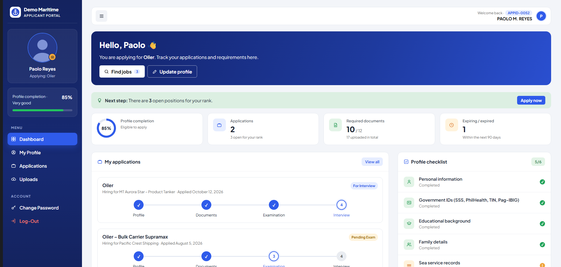 Recruitment & Crewing Management System — Applicant Portal Dashboard