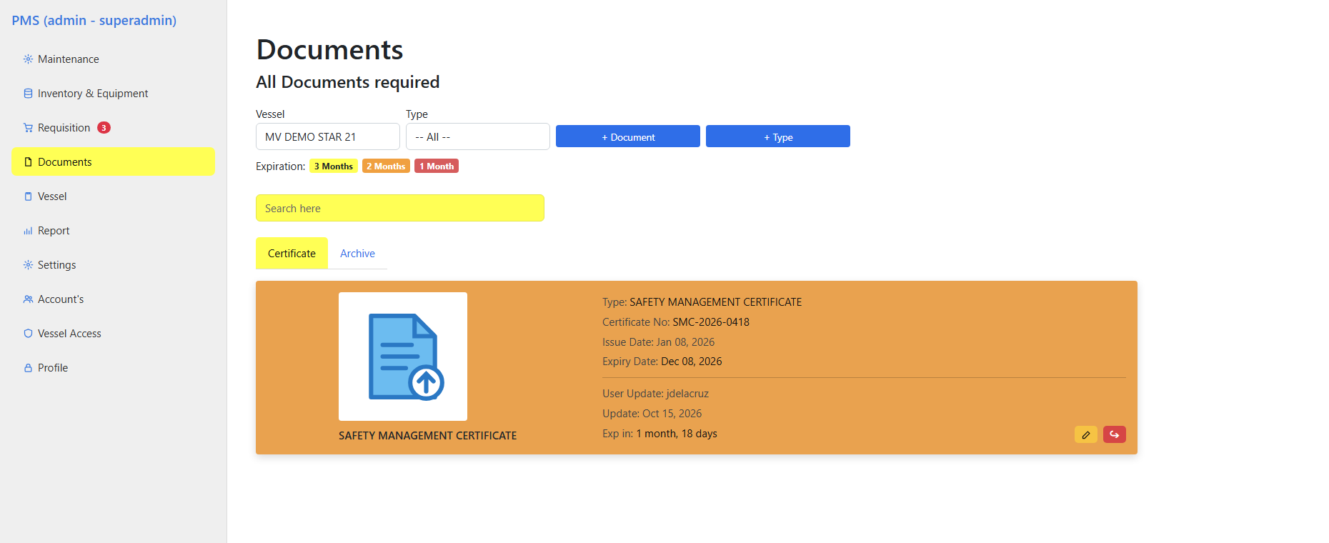 Ship Plan Maintenance System (PMS) — Ship Documents & Certificates