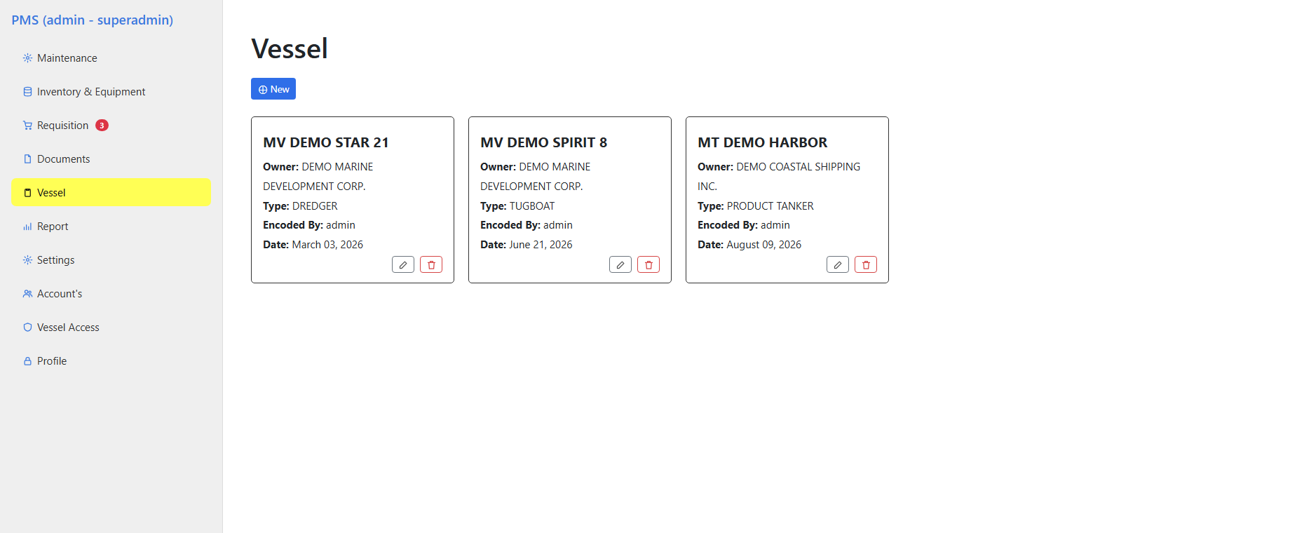 Ship Plan Maintenance System (PMS) — Vessel Registry